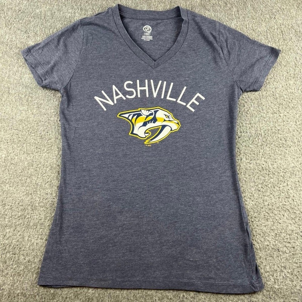 Nashville Predators Women's V-Neck T-Shirt Medium Blue Yellow NHL Hockey Jersey